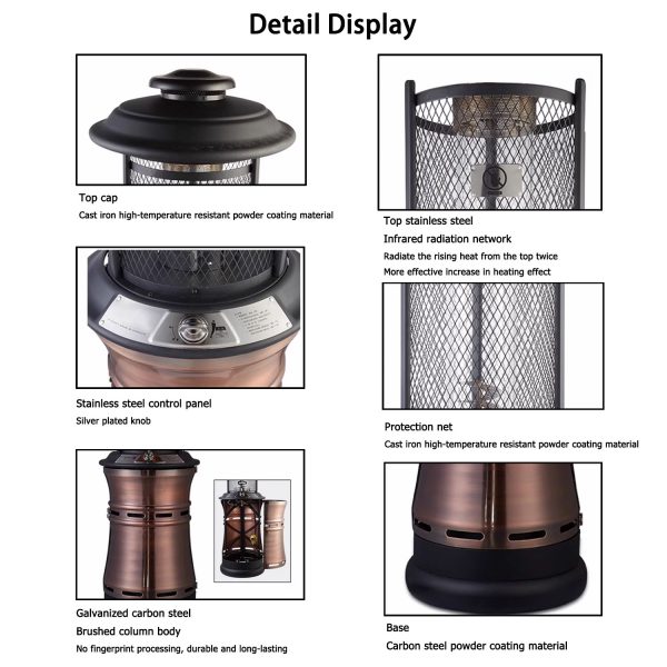 Propane Umbrella Patio Heater for Outdoor Garden Decks Backyard Decks Commercial Stainless Steel LP Gas Heater with Radiant Heat Infrared Height Adjustable Standing Reflector Shield Replacement Parts Burner