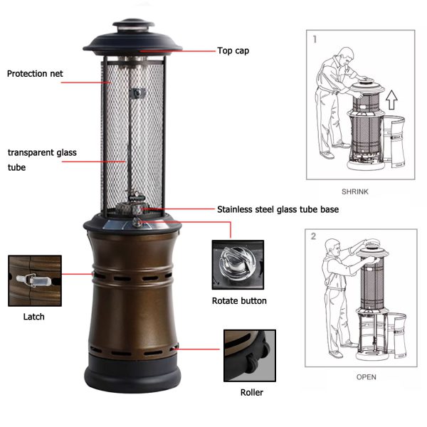 Propane Umbrella Patio Heater for Outdoor Garden Decks Backyard Decks Commercial Stainless Steel LP Gas Heater with Radiant Heat Infrared Height Adjustable Standing Reflector Shield Replacement Parts Burner