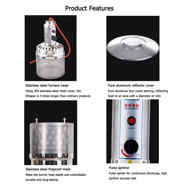 Propane Umbrella Patio Heater for Outdoor Garden Decks Backyard Decks Commercial Stainless Steel LP Gas Heater with Radiant Heat Infrared Height Adjustable Standing Reflector Shield Replacement Parts Burner